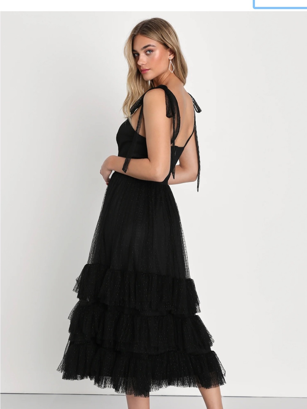 Lulu's Black Tiered Tulle Midi Dress with Tie Straps